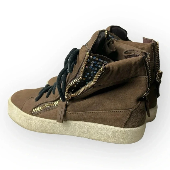Giuseppe Zanotti  Brown Leather Donna Hi-Top Swarovski Crystal Sneakers 37 - Picture 3 of 13